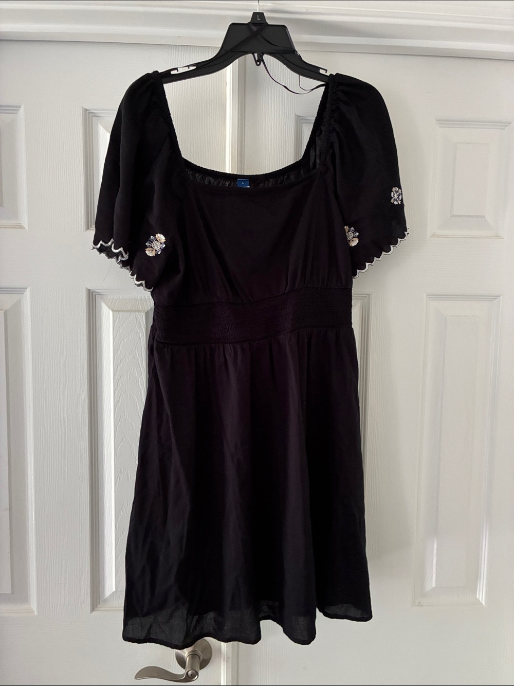 Black Embroidered Puff Sleeve Dress